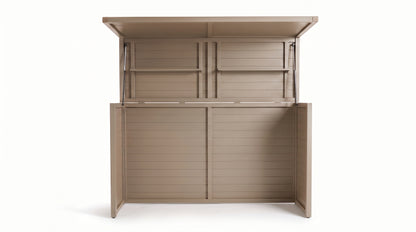 Vantage Outdoor Kitchen Pod Unit with Lift Up Lid, open with the side panels folded out, Sand