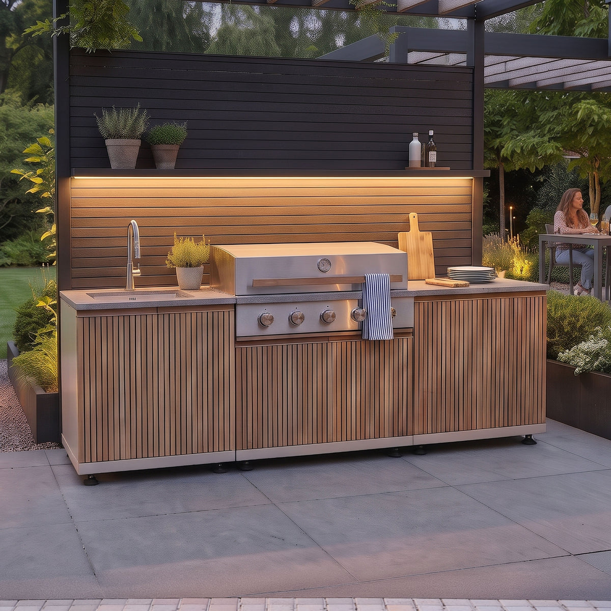 Skogen Small Outdoor Kitchen with Sink in Latte, with slatted door fronts and a grey worktop, on a garden patio at dusk