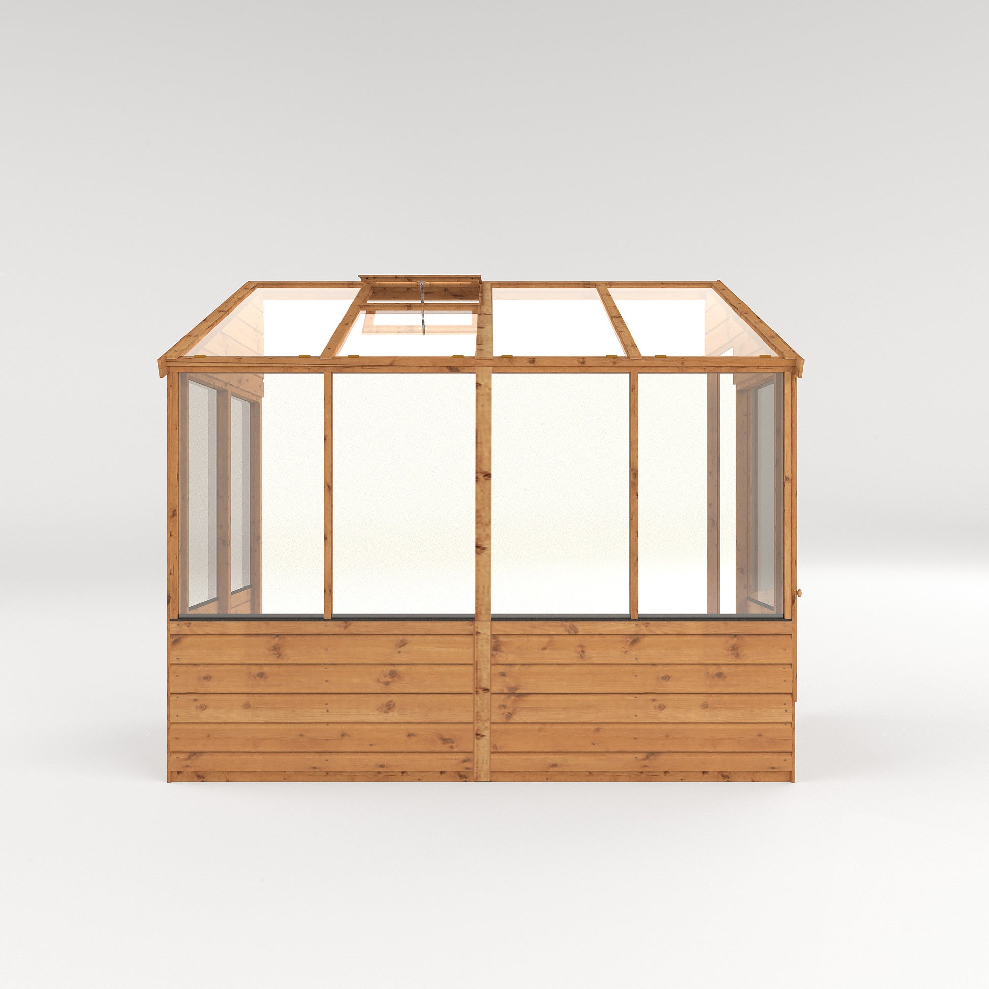 the side of a timber lean-to greenhouse