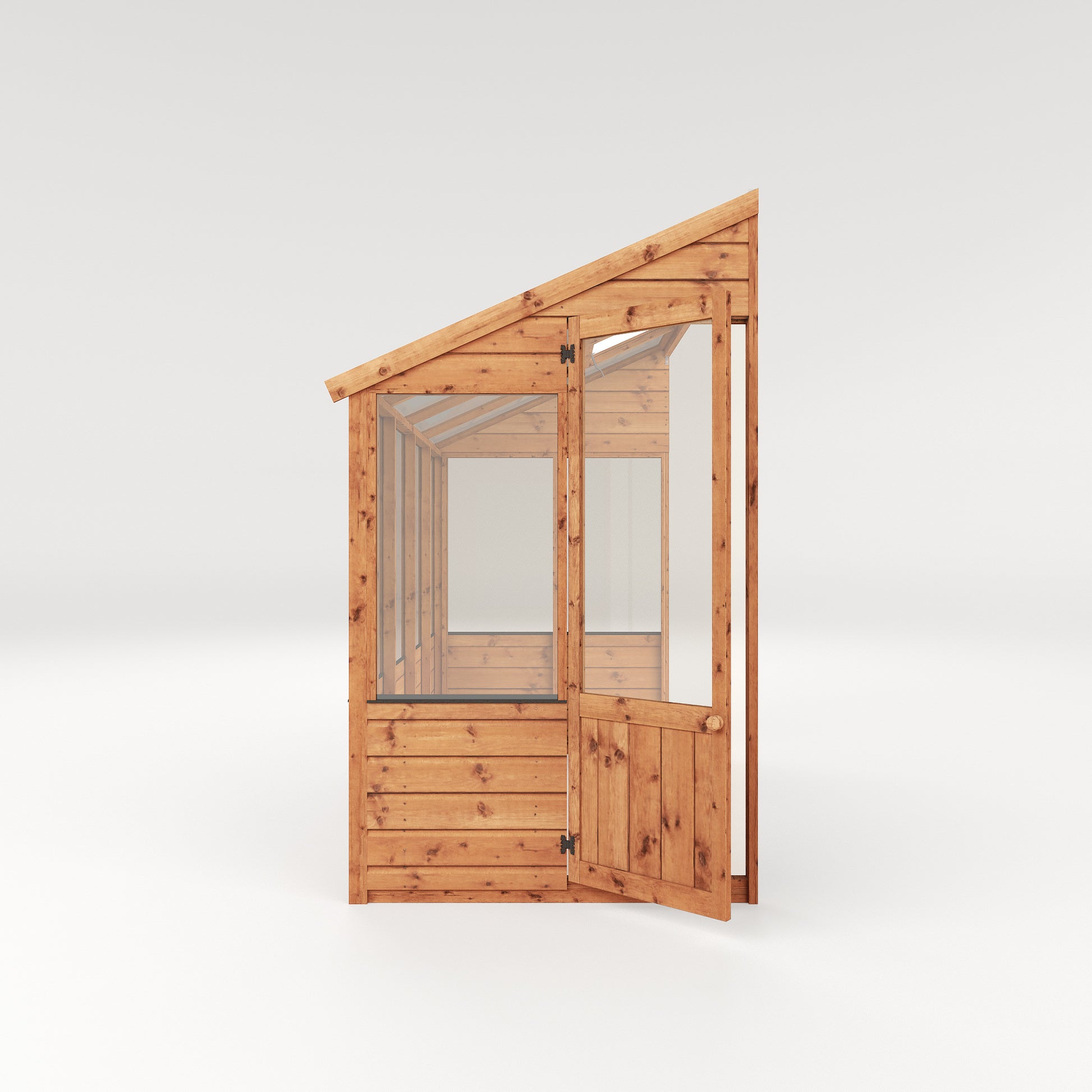 the front of a timber lean-to greenhouse
