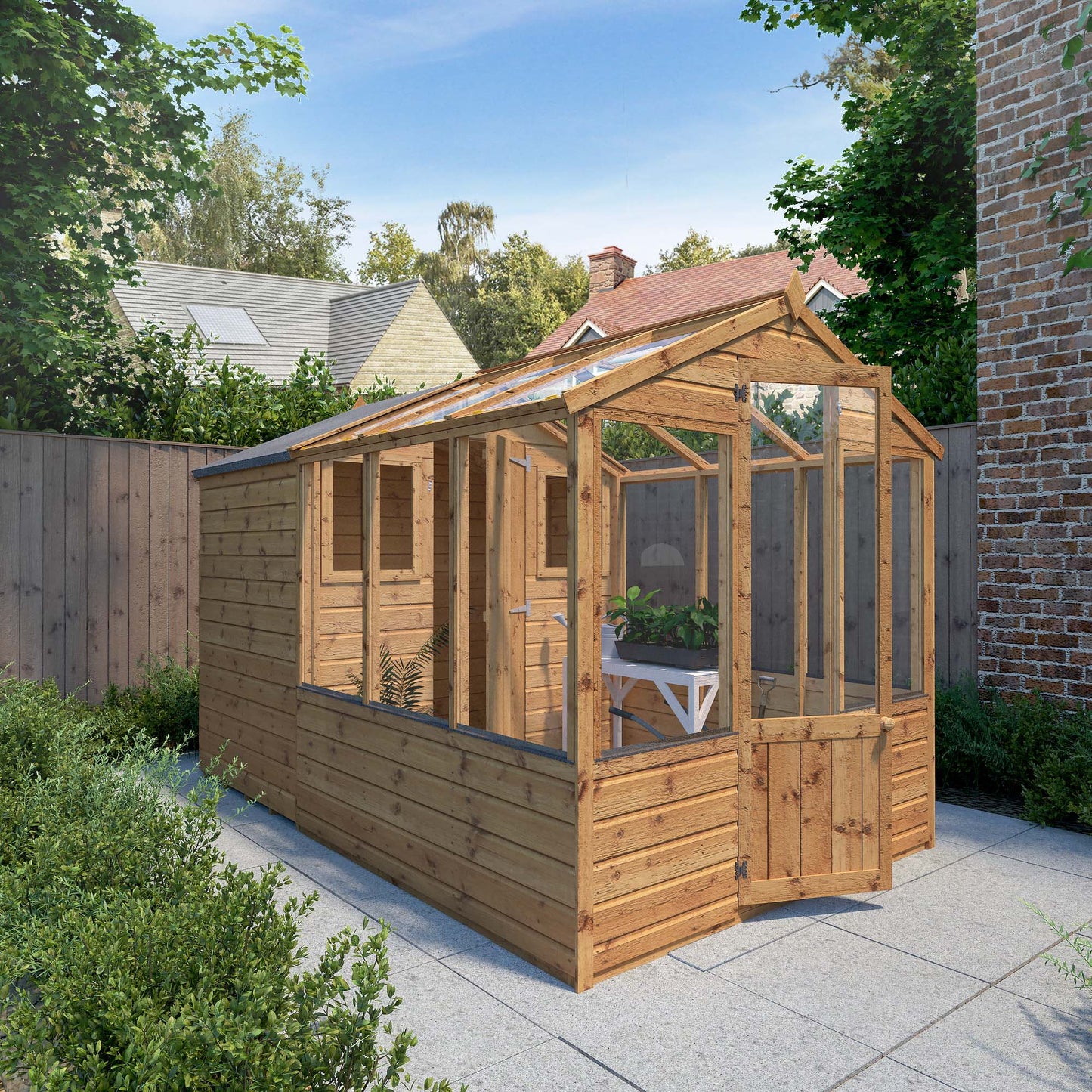 A combi greenhouse and shed made from timber