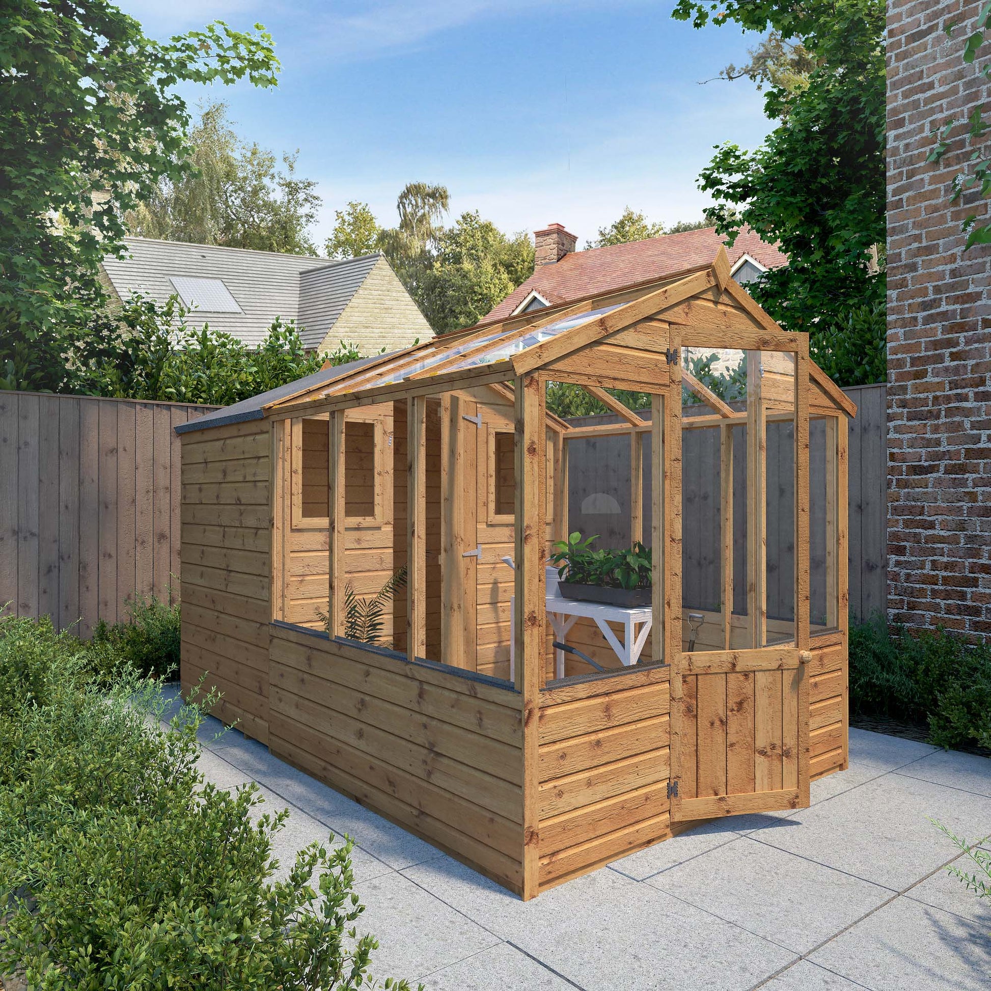 A combi greenhouse and shed made from timber