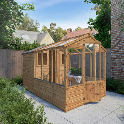 A combi greenhouse and shed made from timber
