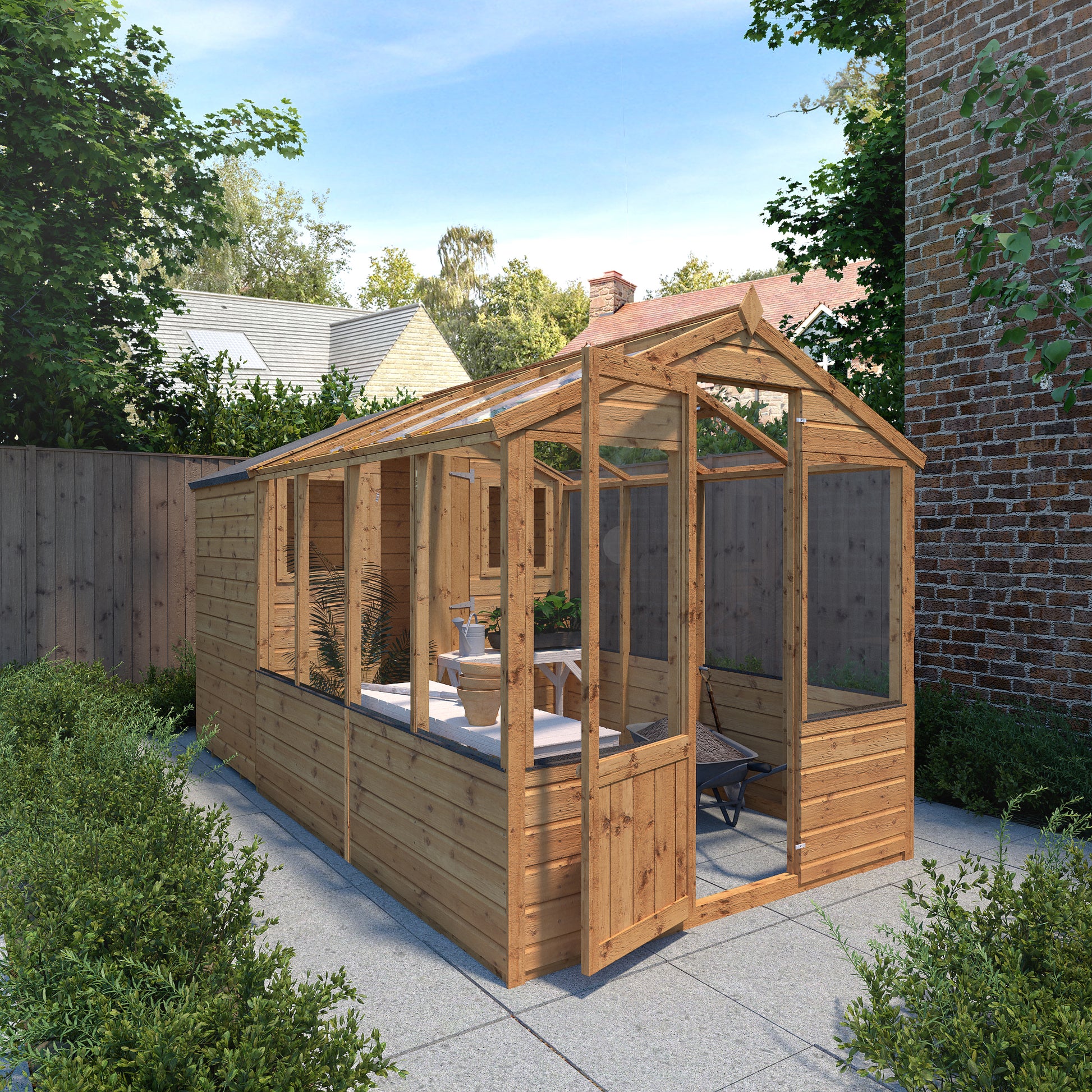 A timber combi greenhouse and shed