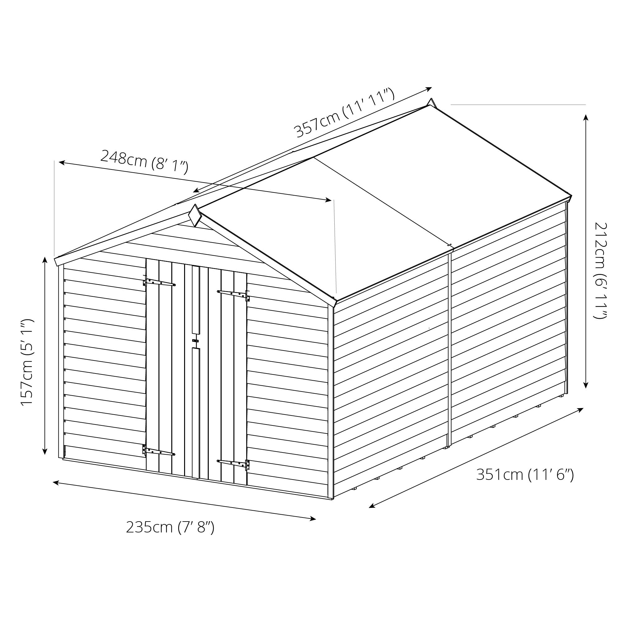 Refurbished 12 x 8 Overlap Double Door Apex Windowless Wooden Shed