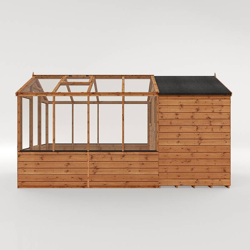 A timber combi greenhouse and shed