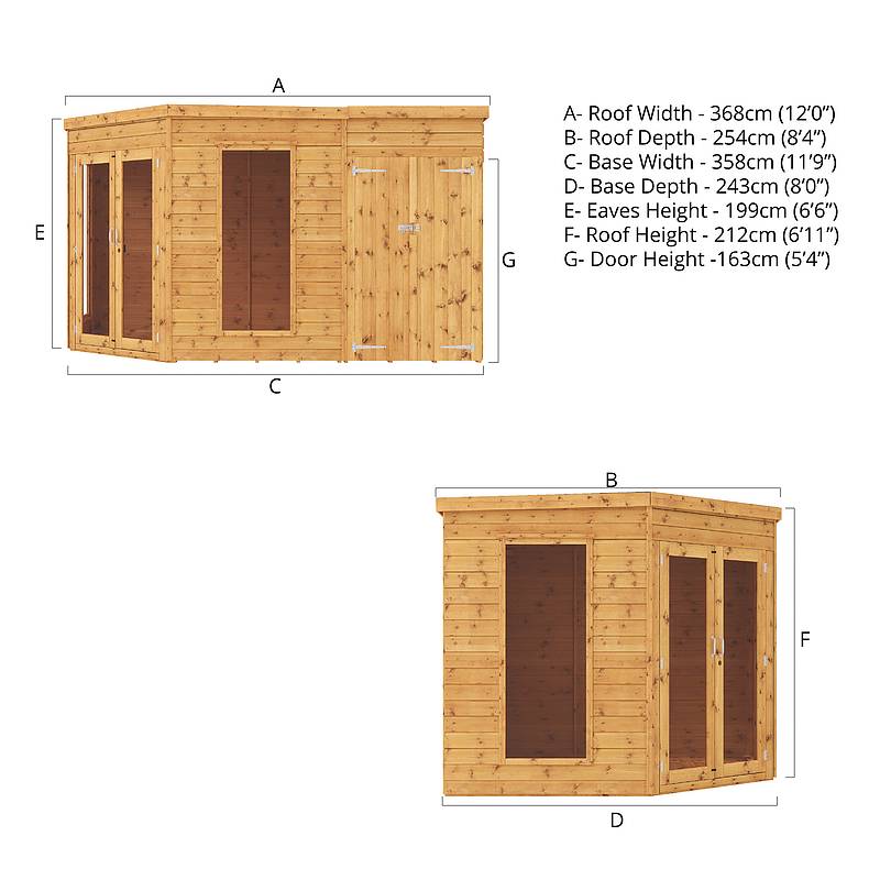 12 x 8 Premium Corner Summerhouse With Side Shed