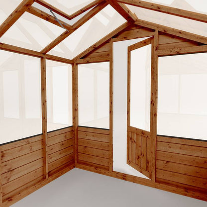 The inside of a timber greenhouse with an open skylight.