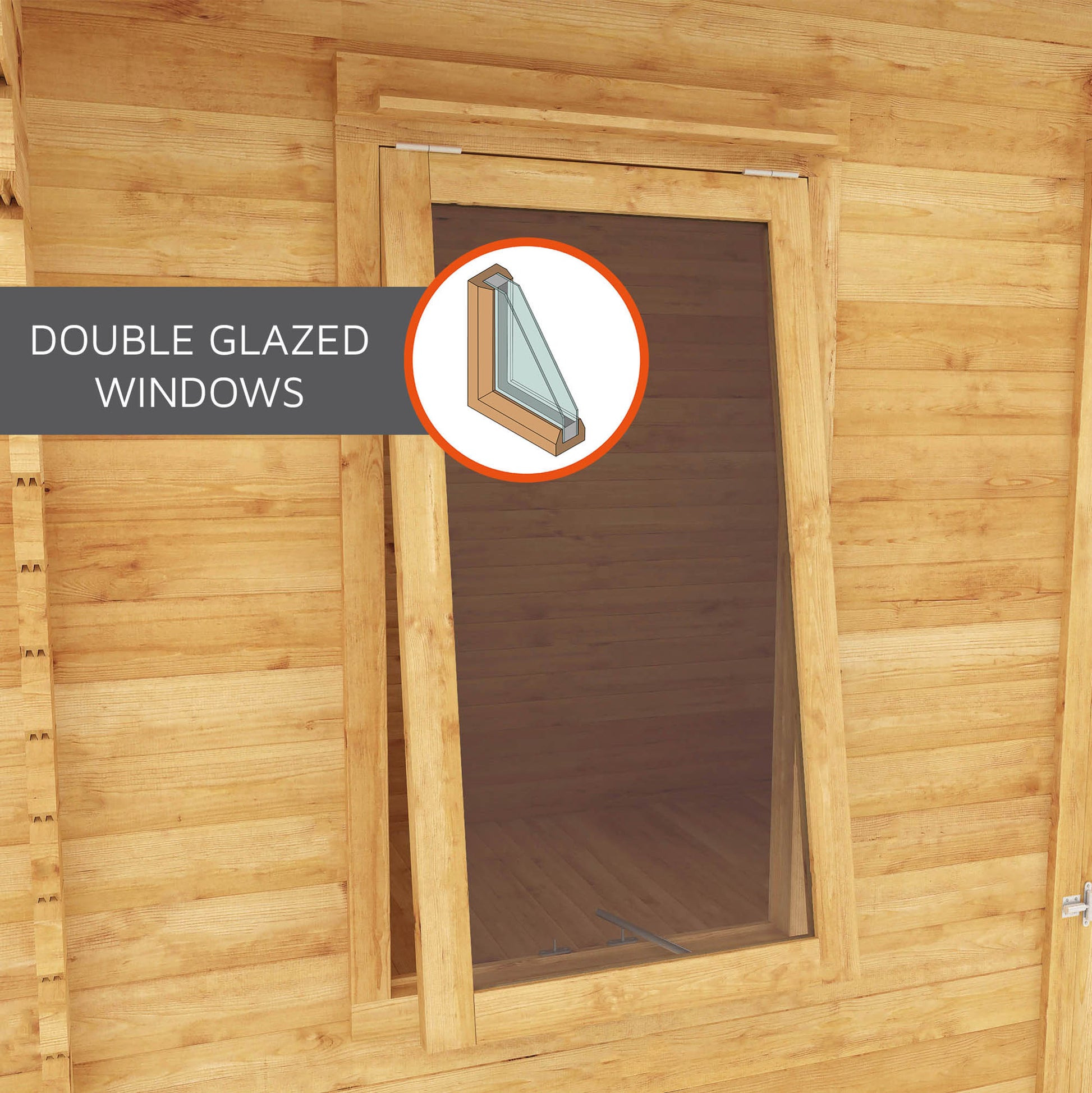 Double glazed windows on a timber log cabin