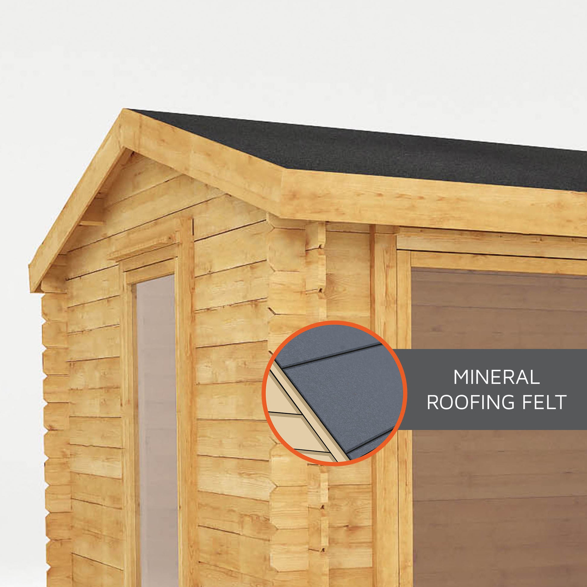 Mineral roofing felt on the roof of a log cabin, forming a protective barrier against rain and other bad weather