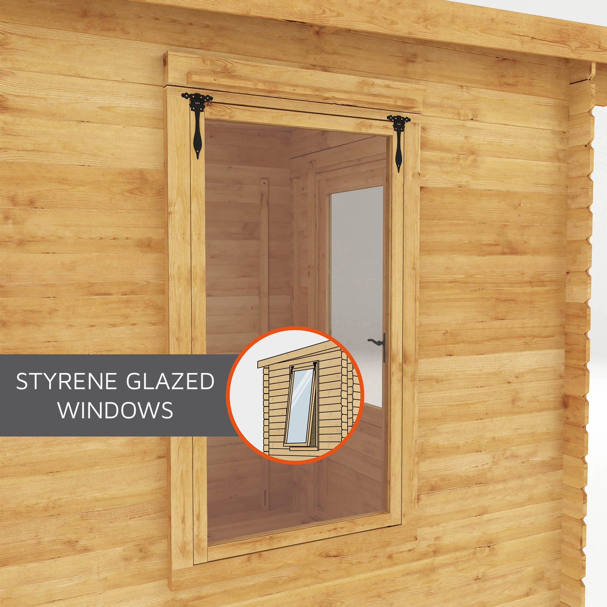 Styrene glazed windows on a log cabin which open outwards and are shatterproof