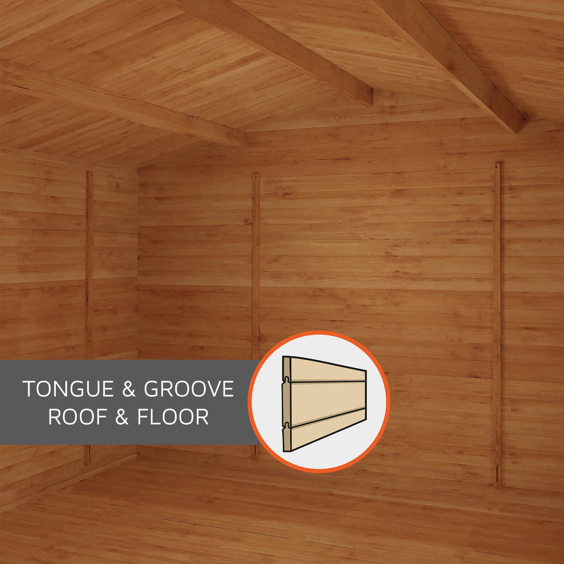 The interior a log cabin, showing timber tongue and groove cladding from Waltons
