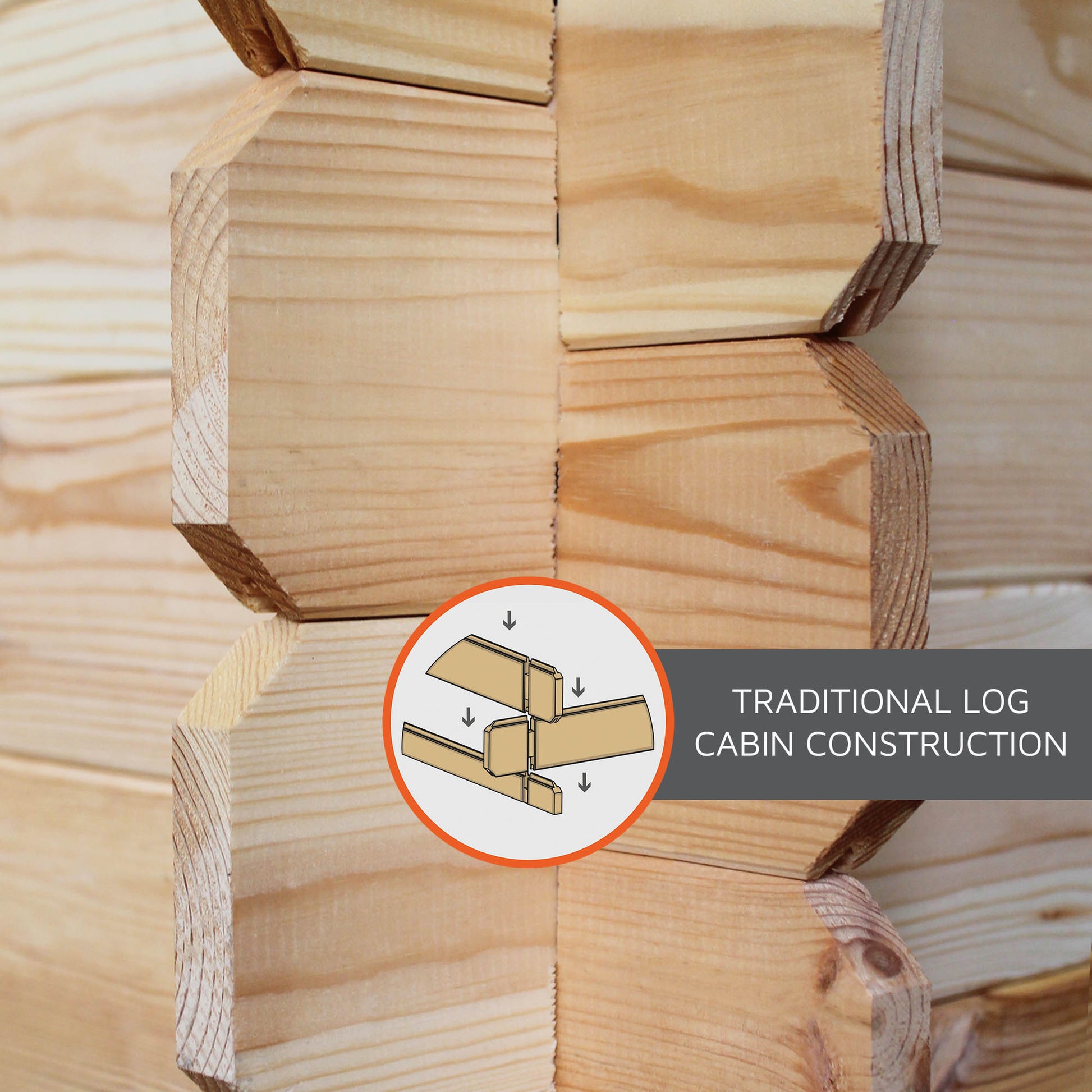 Log boards stacked in an interlocking way to form a wall of a log cabin