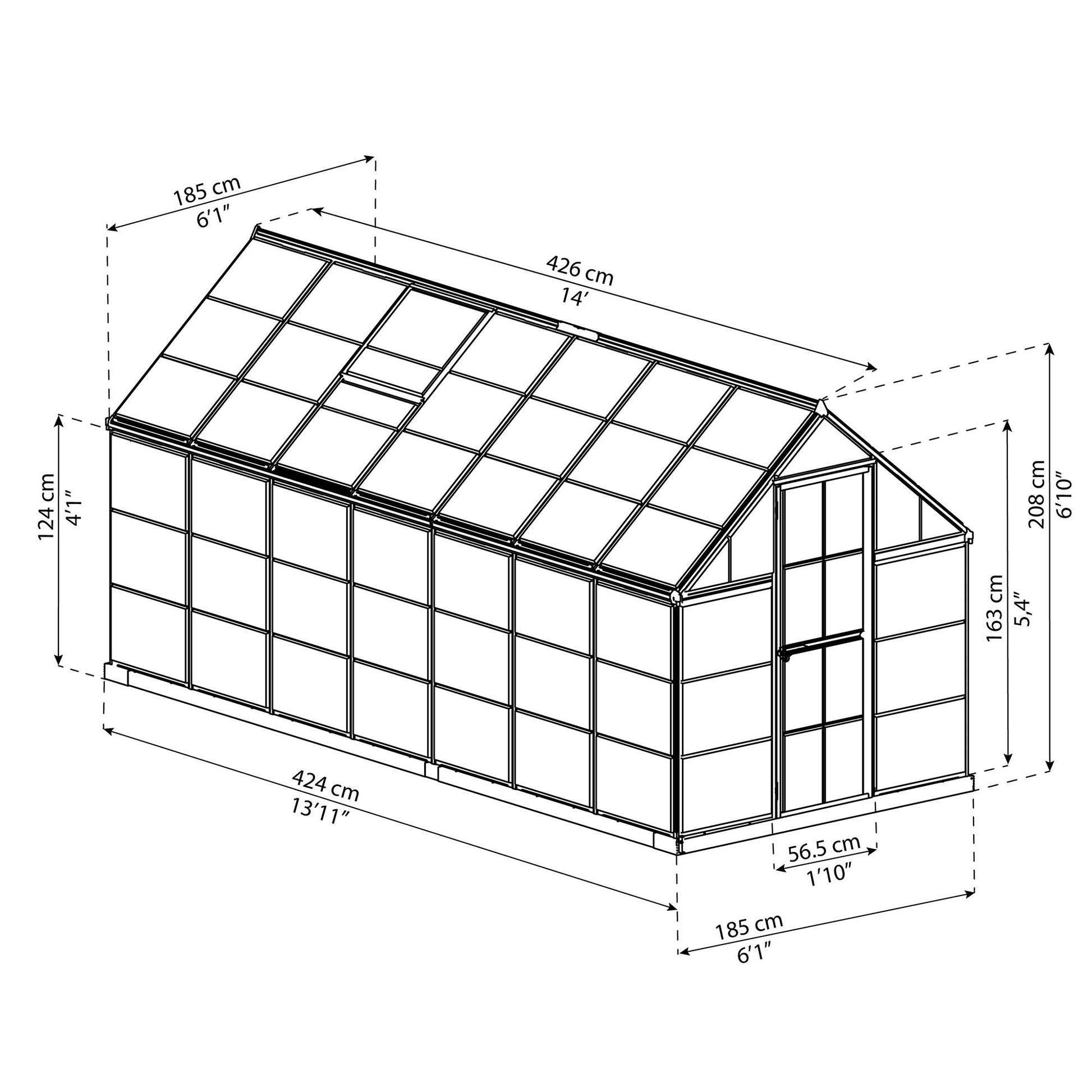 Measurements showing the dimensions of a greenhouse