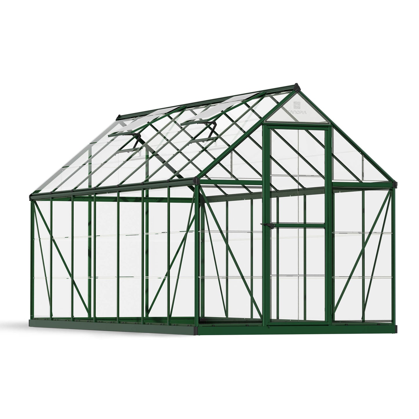 A large greenhouse made up of windows with green framing