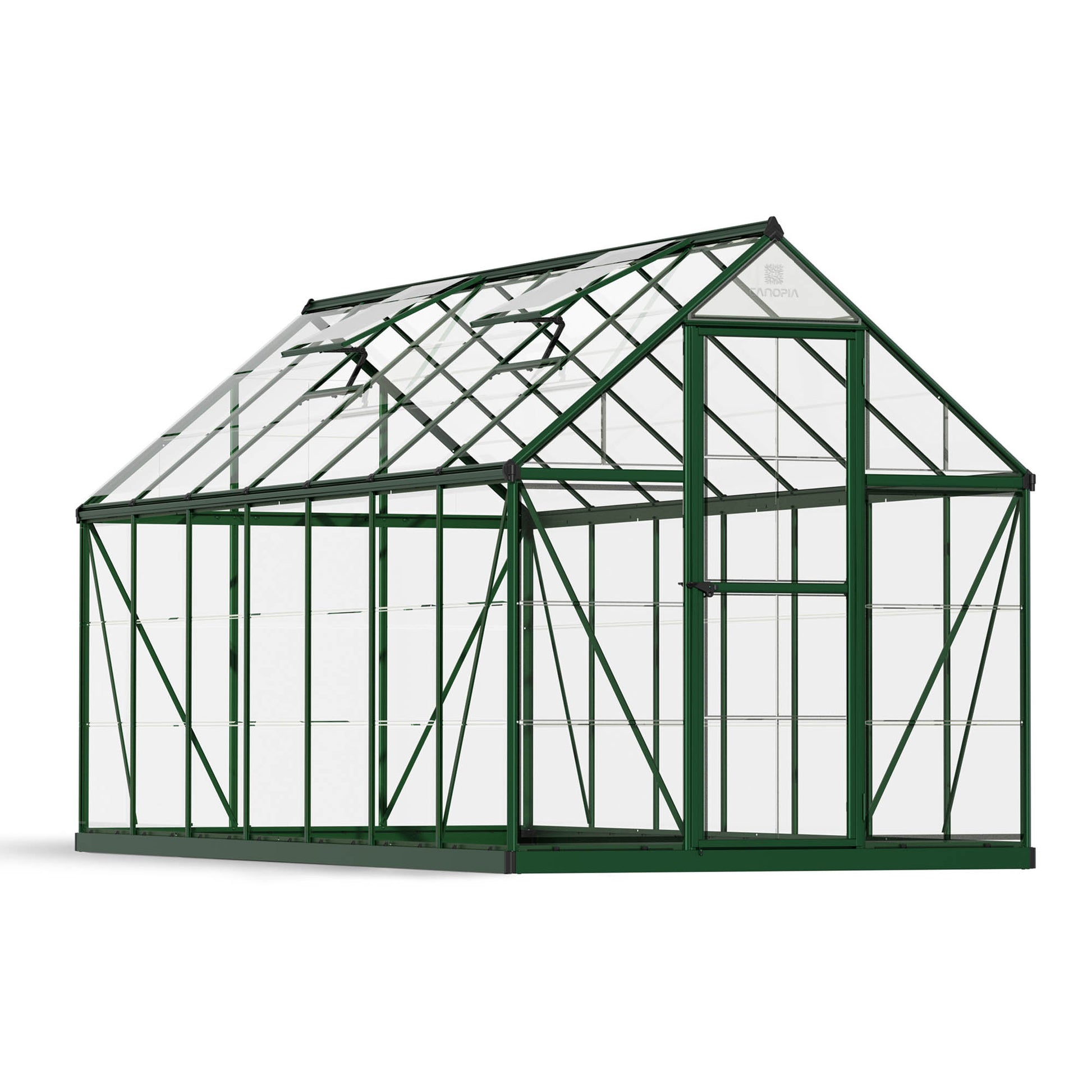 A large greenhouse made up of windows with green framing