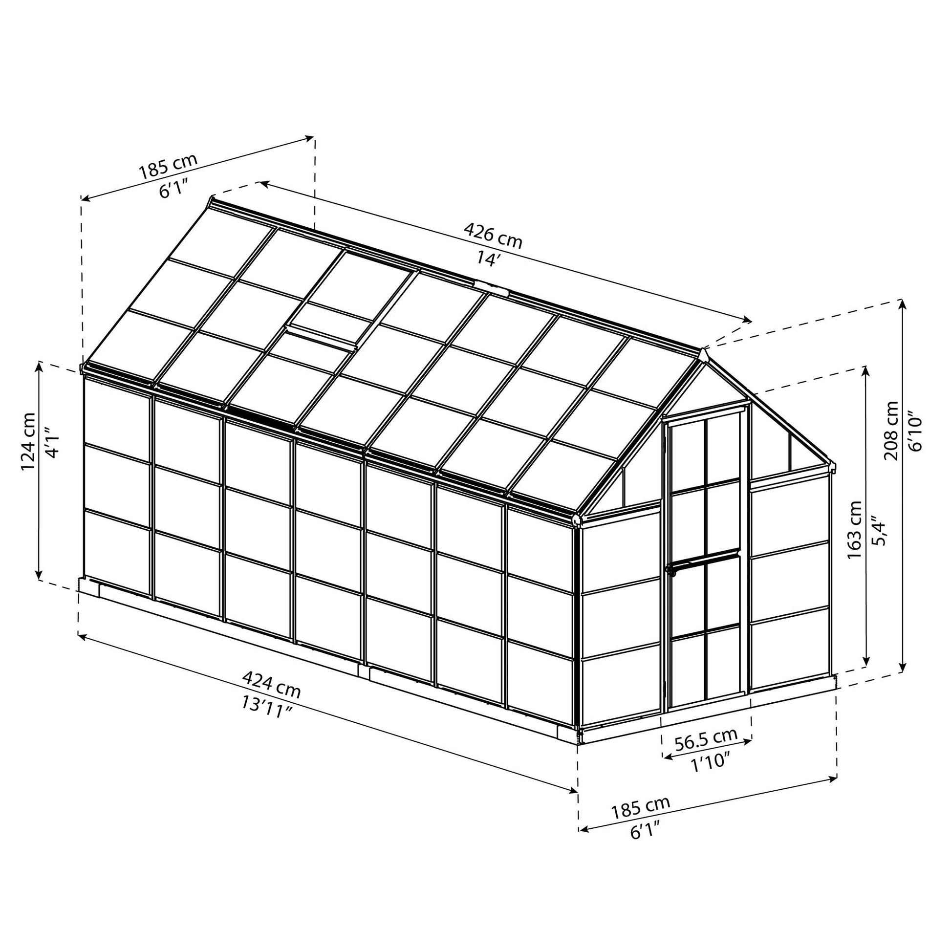 Measurements showing the dimensions of a greenhouse