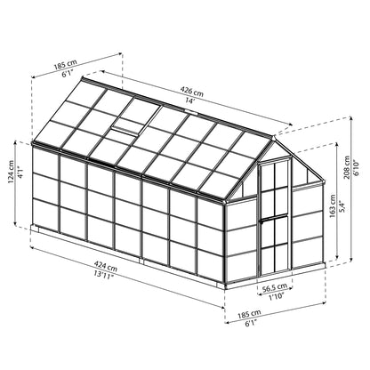 Measurements showing the dimensions of a greenhouse