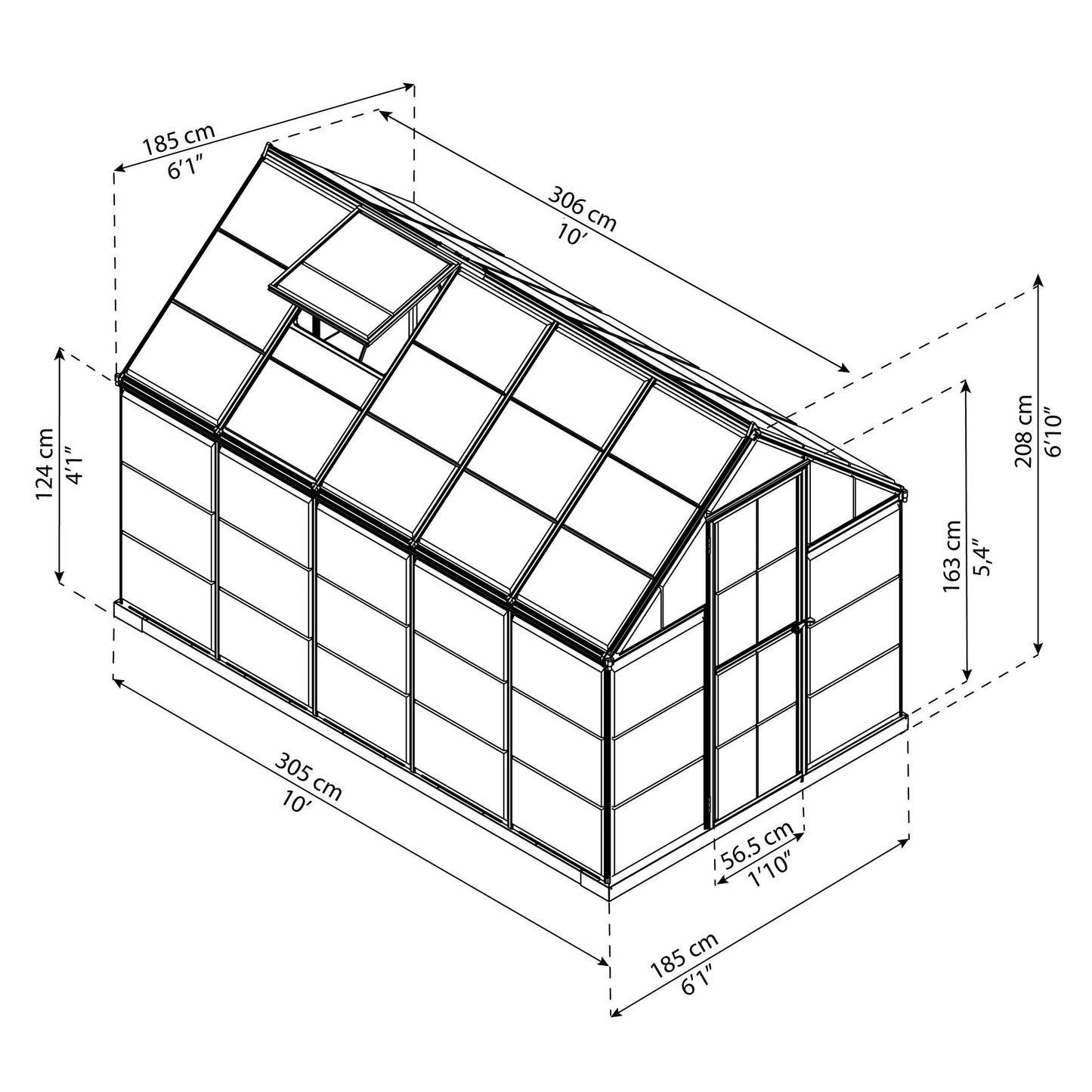 Measurements showing the dimensions of a greenhouse