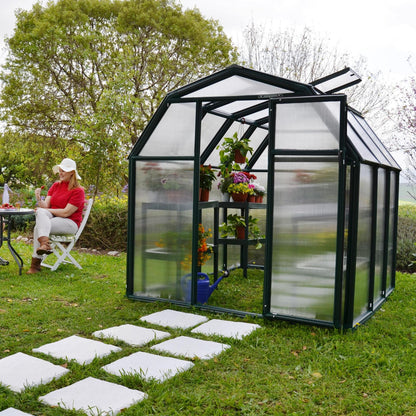greenhouse with resin frame in a garden
