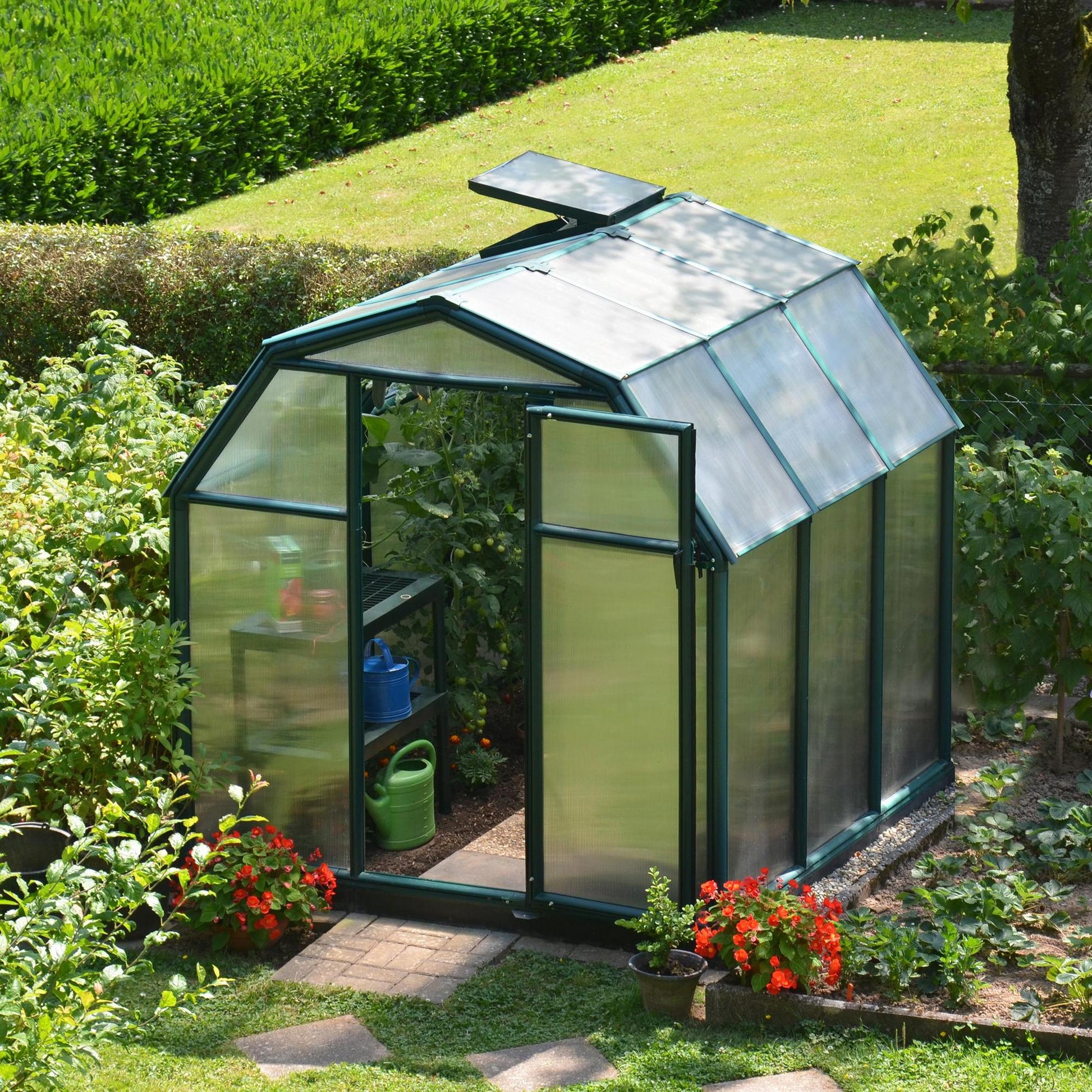greenhouse with resin frame in a garden
