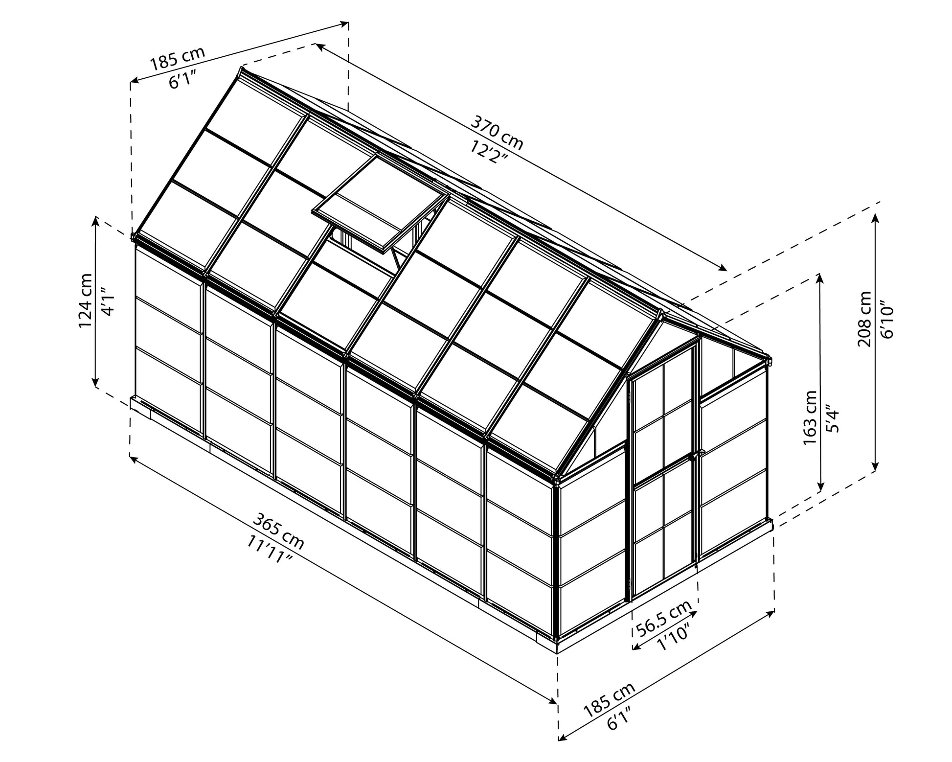 Measurements showing the dimensions of a greenhouse