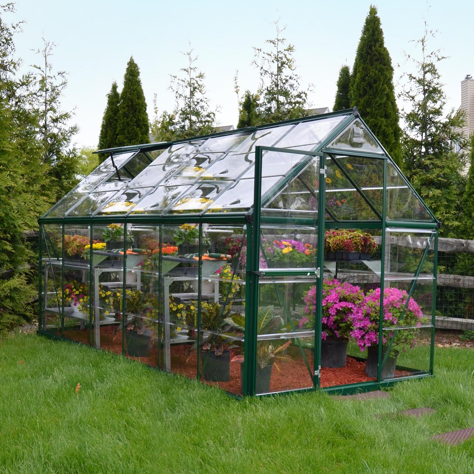 A large greenhouse made up of windows with green framing
