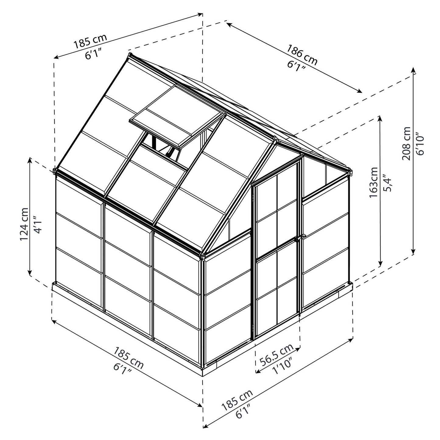 Measurements showing the dimensions of a greenhouse