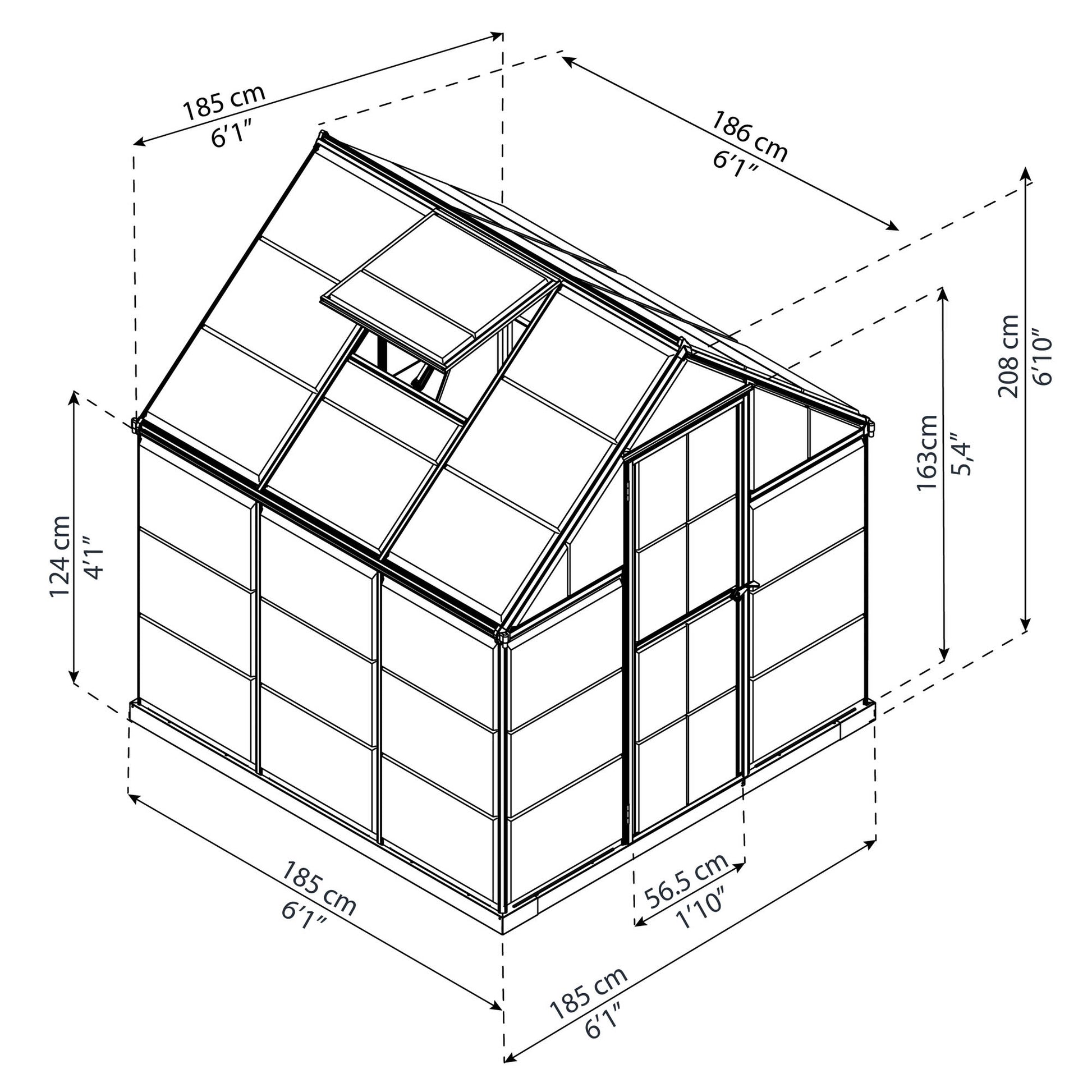 Measurements showing the dimensions of a greenhouse