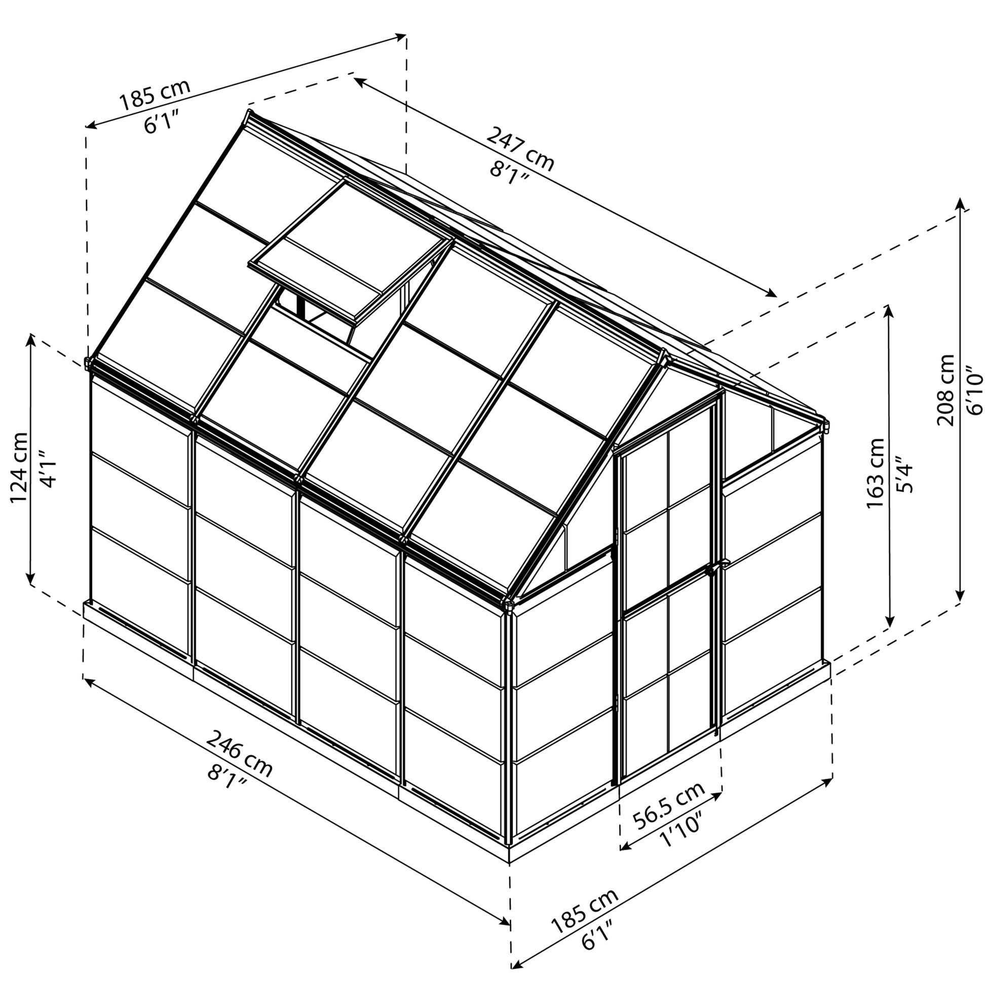 Measurements showing the dimensions of a greenhouse