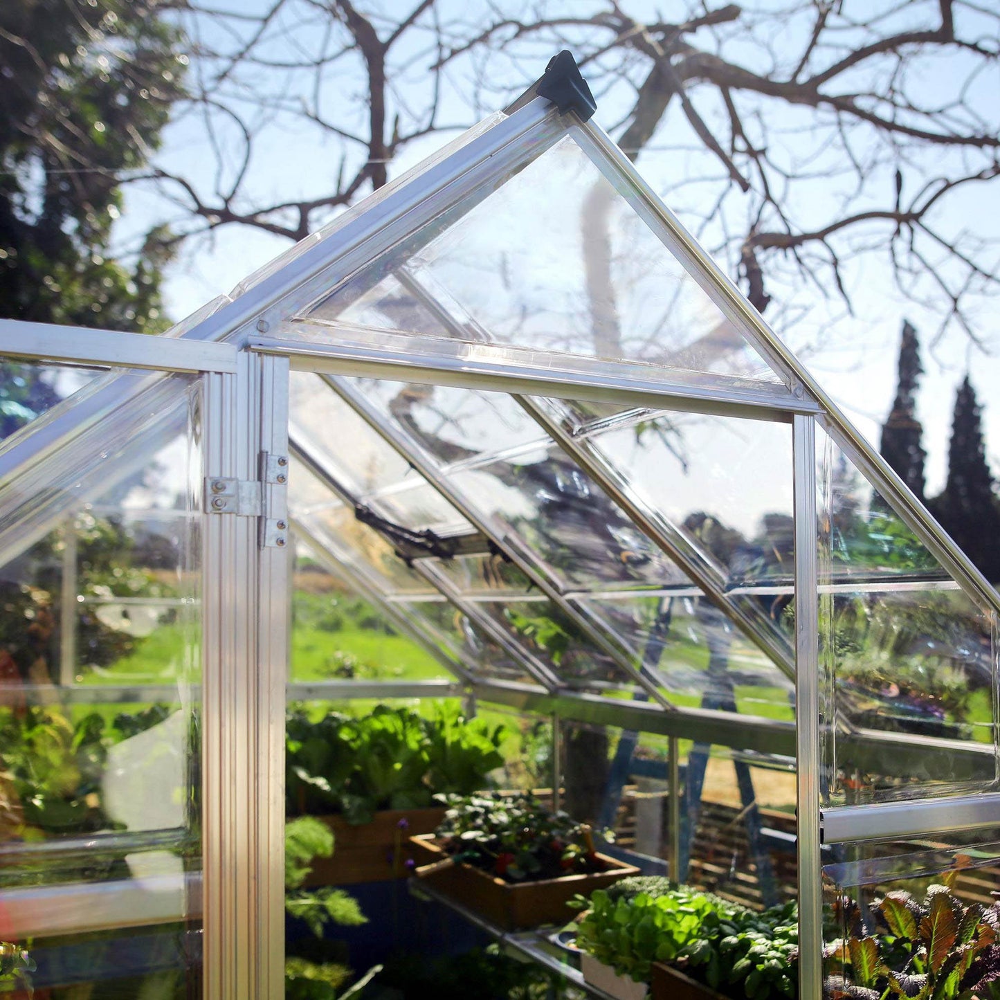 A greenhouse made up of windows with silver metal framing
