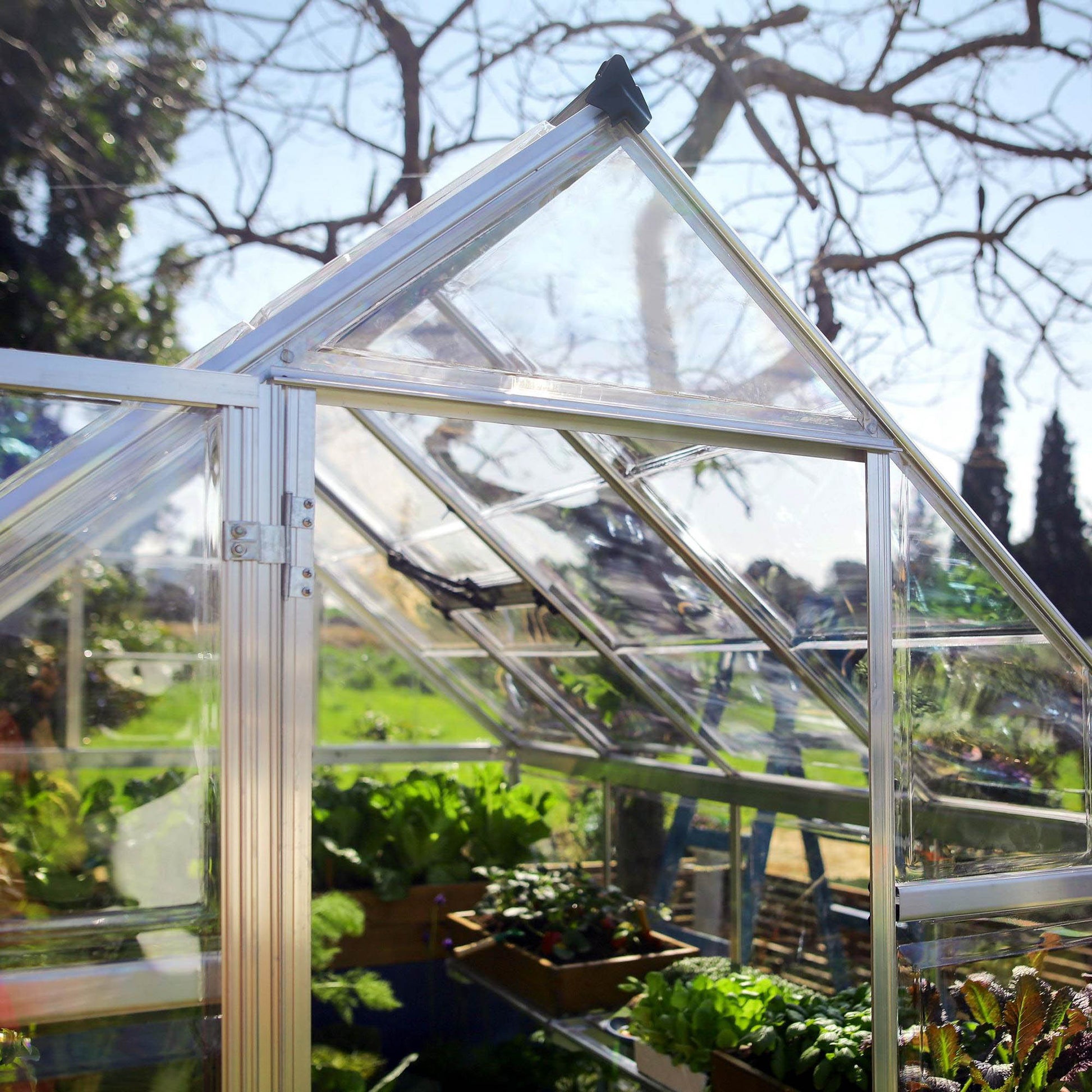 A greenhouse made up of windows with silver metal framing