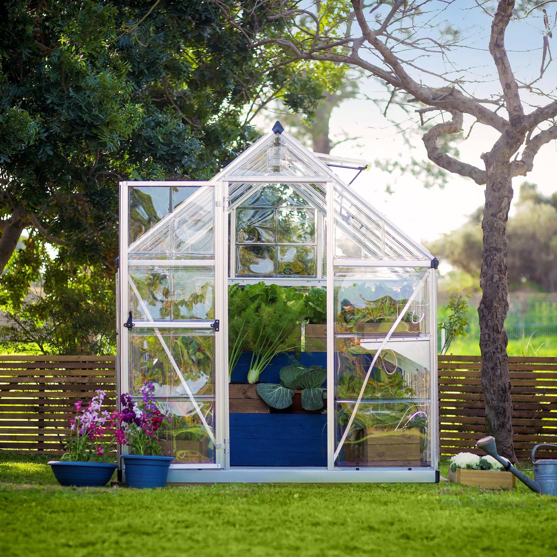A greenhouse made up of windows with silver metal framing