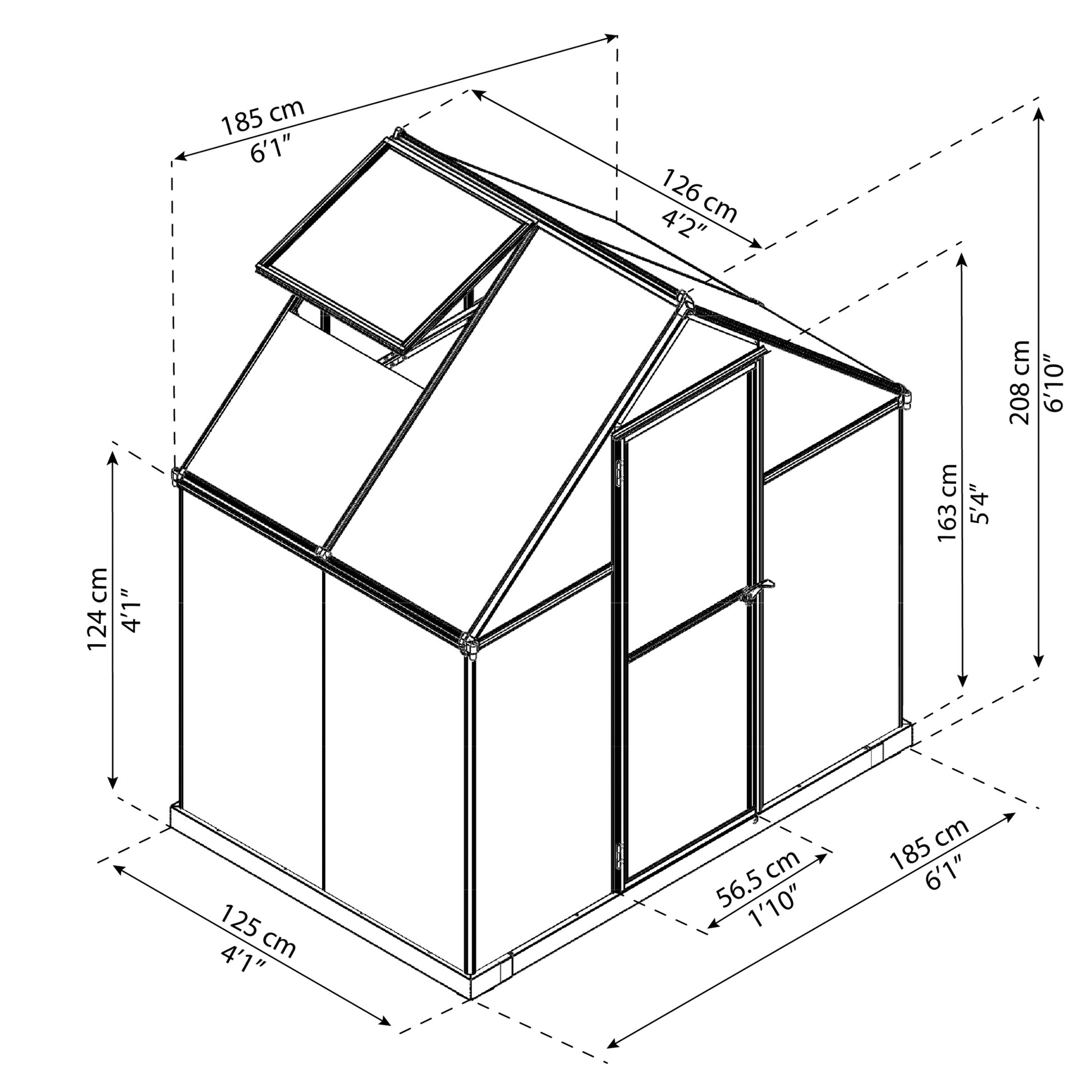 Measurements showing the dimensions of a greenhouse