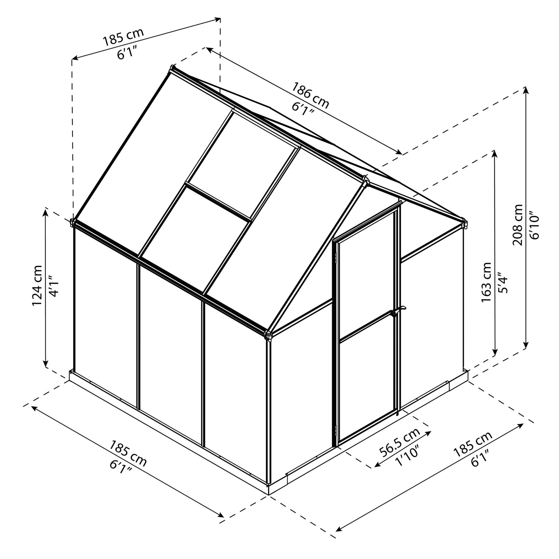 Measurements showing the dimensions of a greenhouse