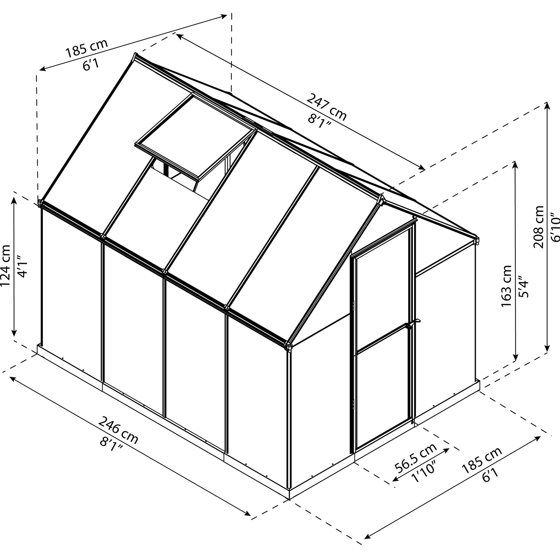 Measurements showing the dimensions of a greenhouse