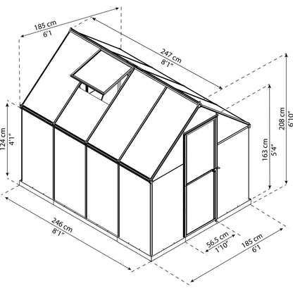 Measurements showing the dimensions of a greenhouse