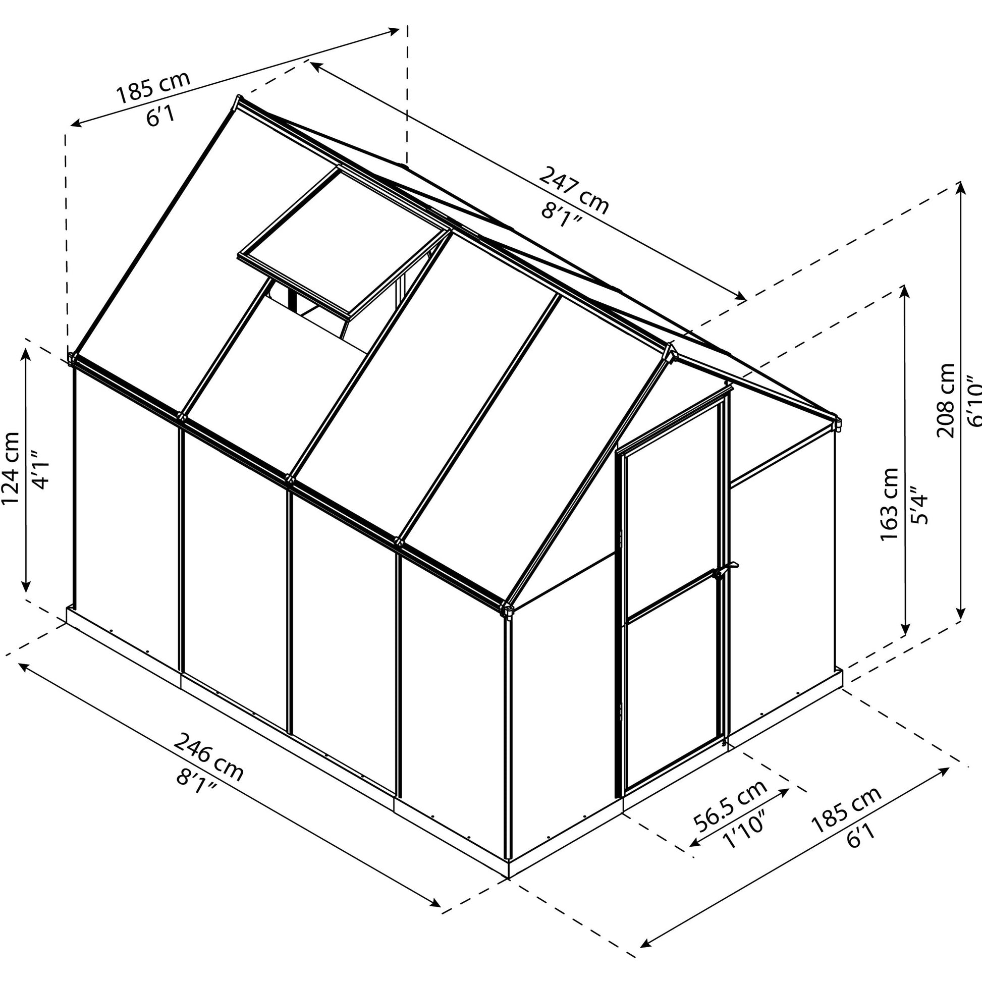 Measurements showing the dimensions of a greenhouse