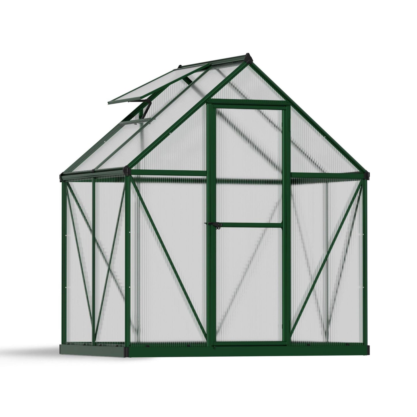 A greenhouse made up of windows with green framing