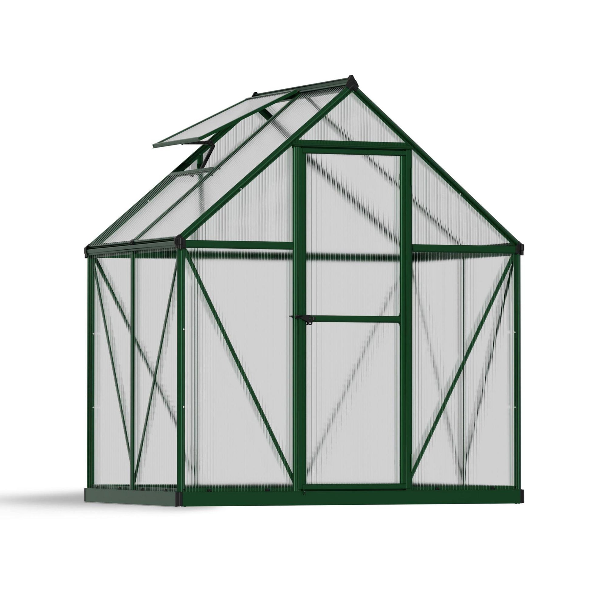 A greenhouse made up of windows with green framing