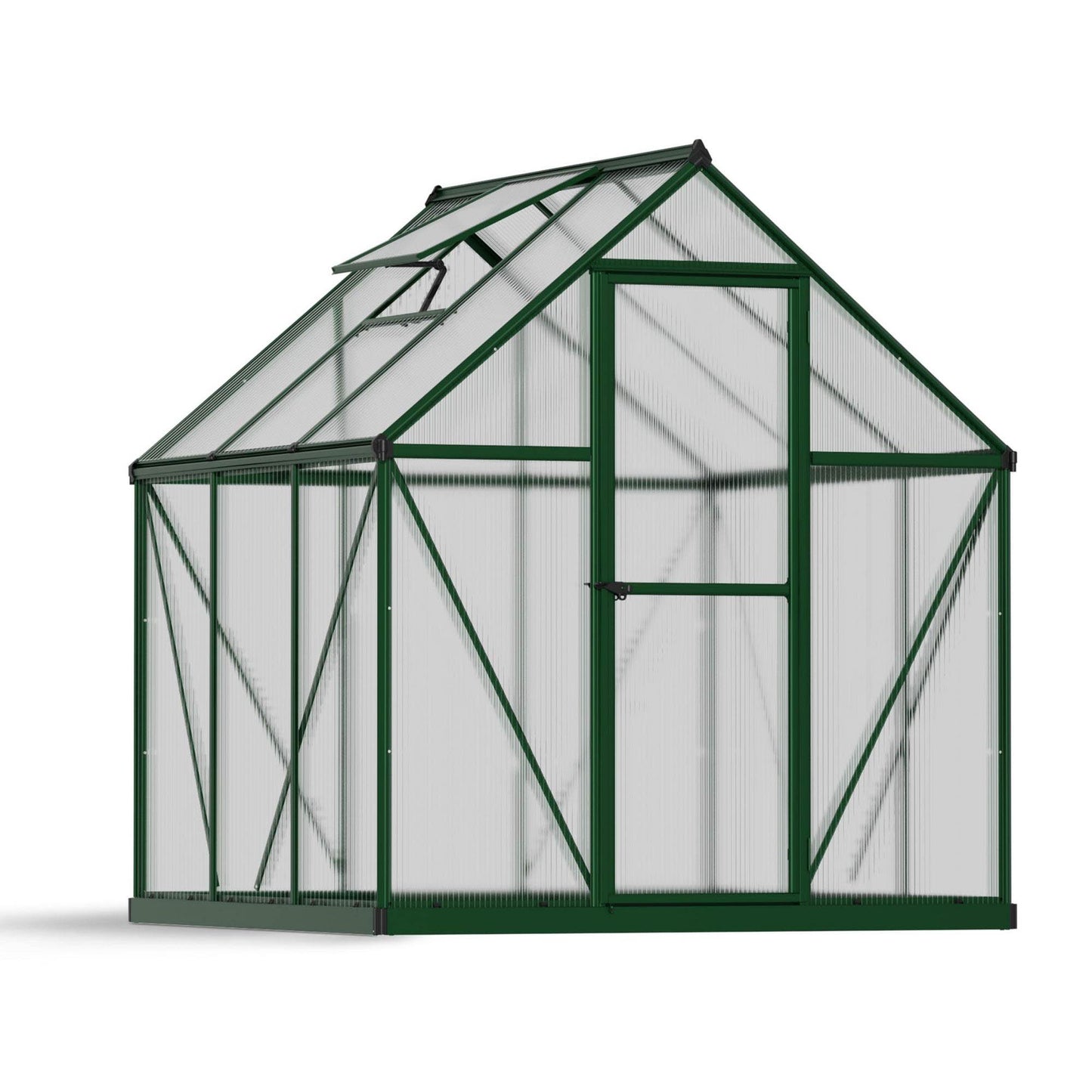 A greenhouse with textured windows and green metal framing