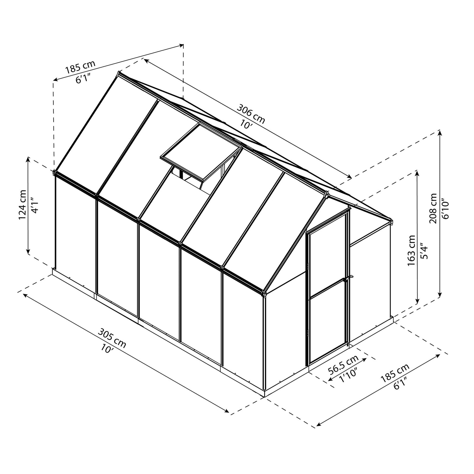 Measurements showing the dimensions of a greenhouse