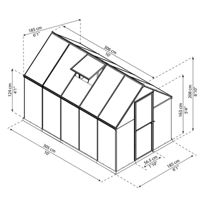 Measurements showing the dimensions of a greenhouse