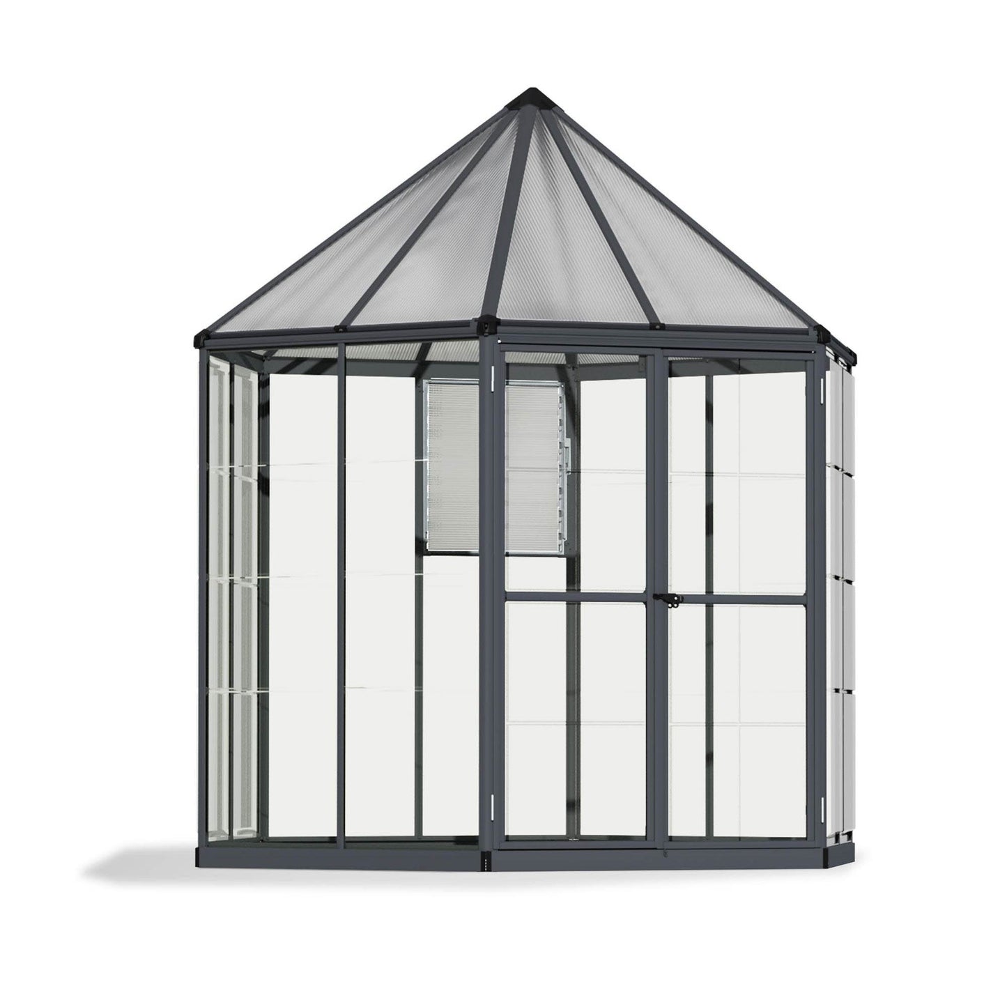 A hexagonal greenhouse with built in shelves and grey metal framing
