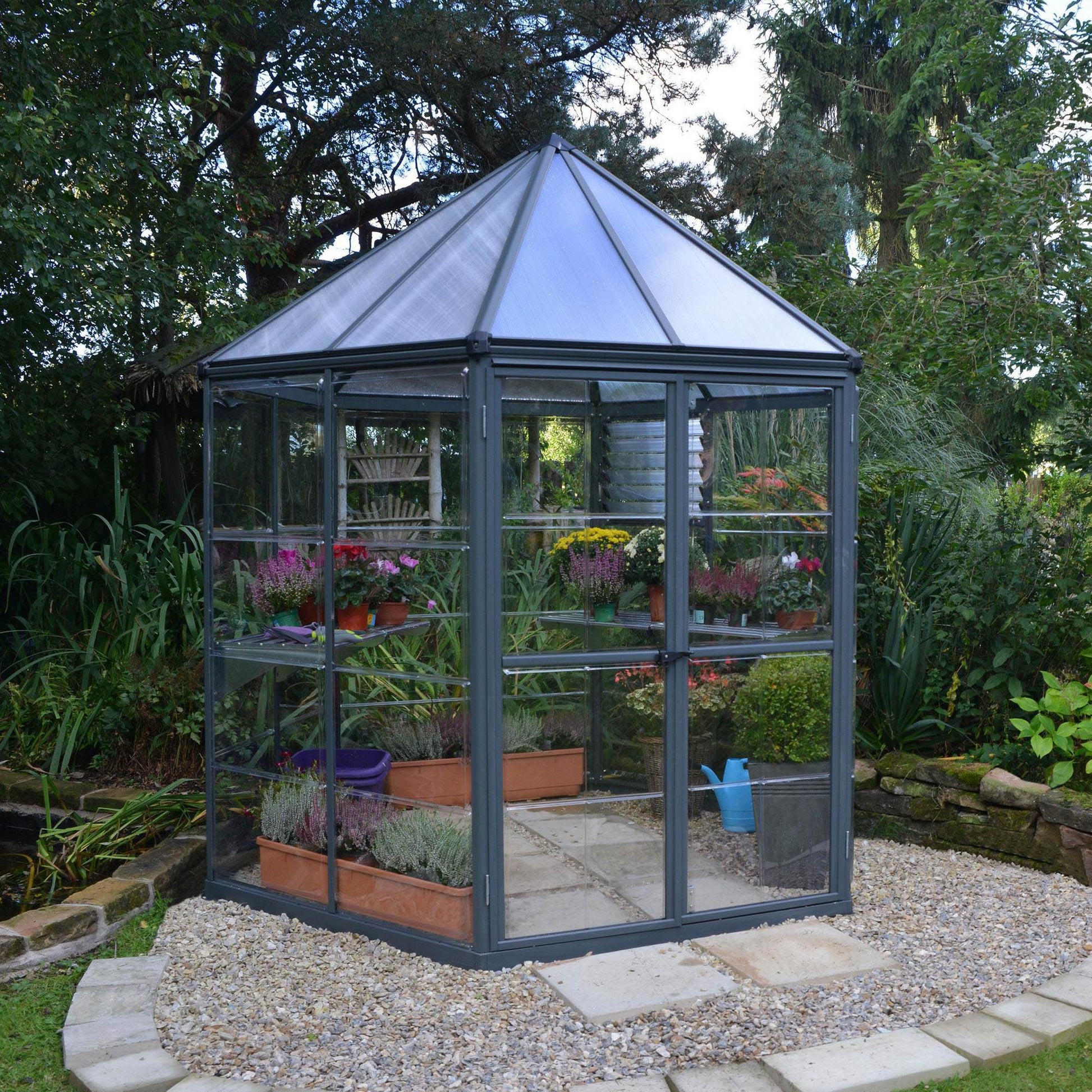 A hexagonal greenhouse with built in shelves and grey metal framing