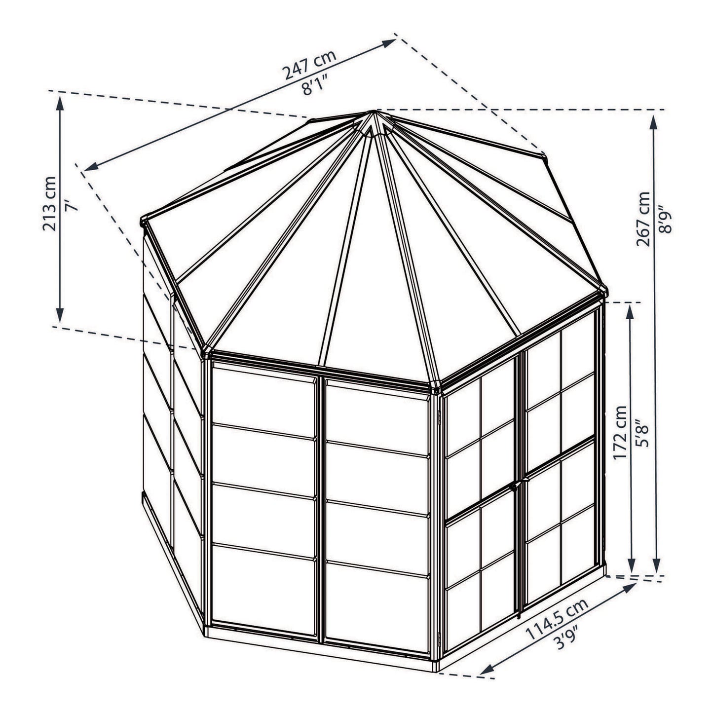 Measurements showing the dimensions of a hexagonal greenhouse