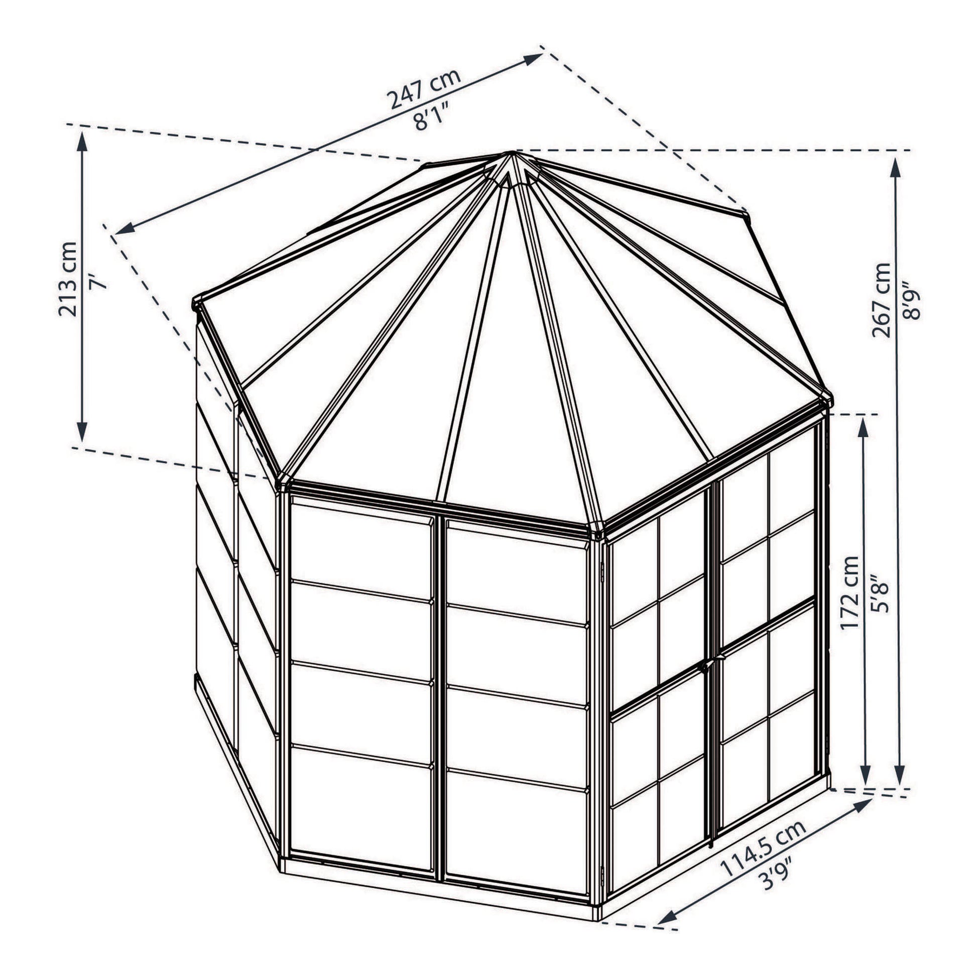 Measurements showing the dimensions of a hexagonal greenhouse