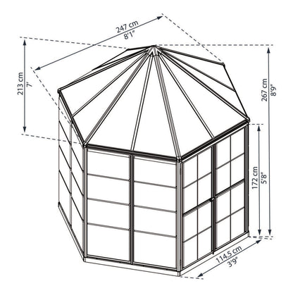 Measurements showing the dimensions of a hexagonal greenhouse