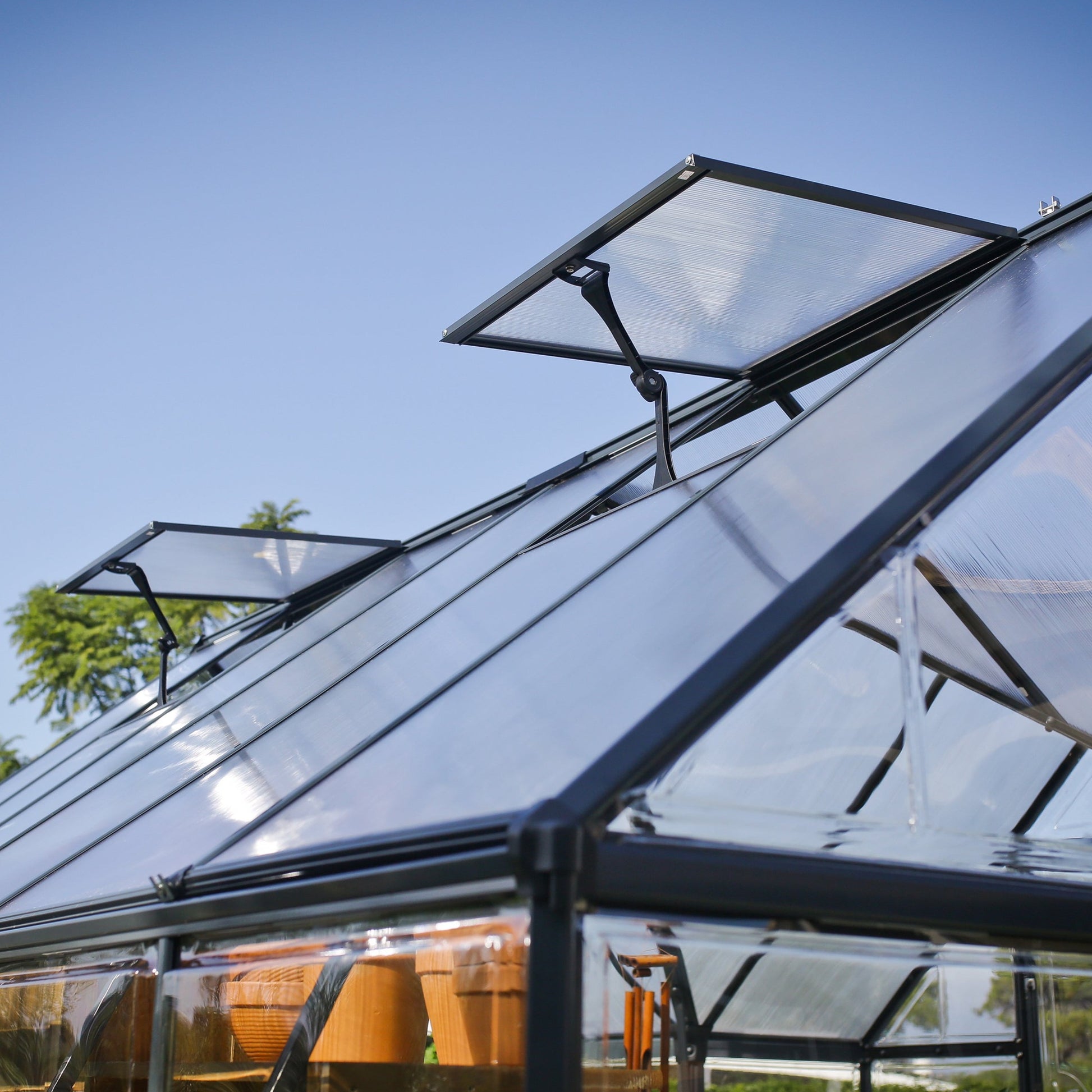 An opening air vent on a greenhouse