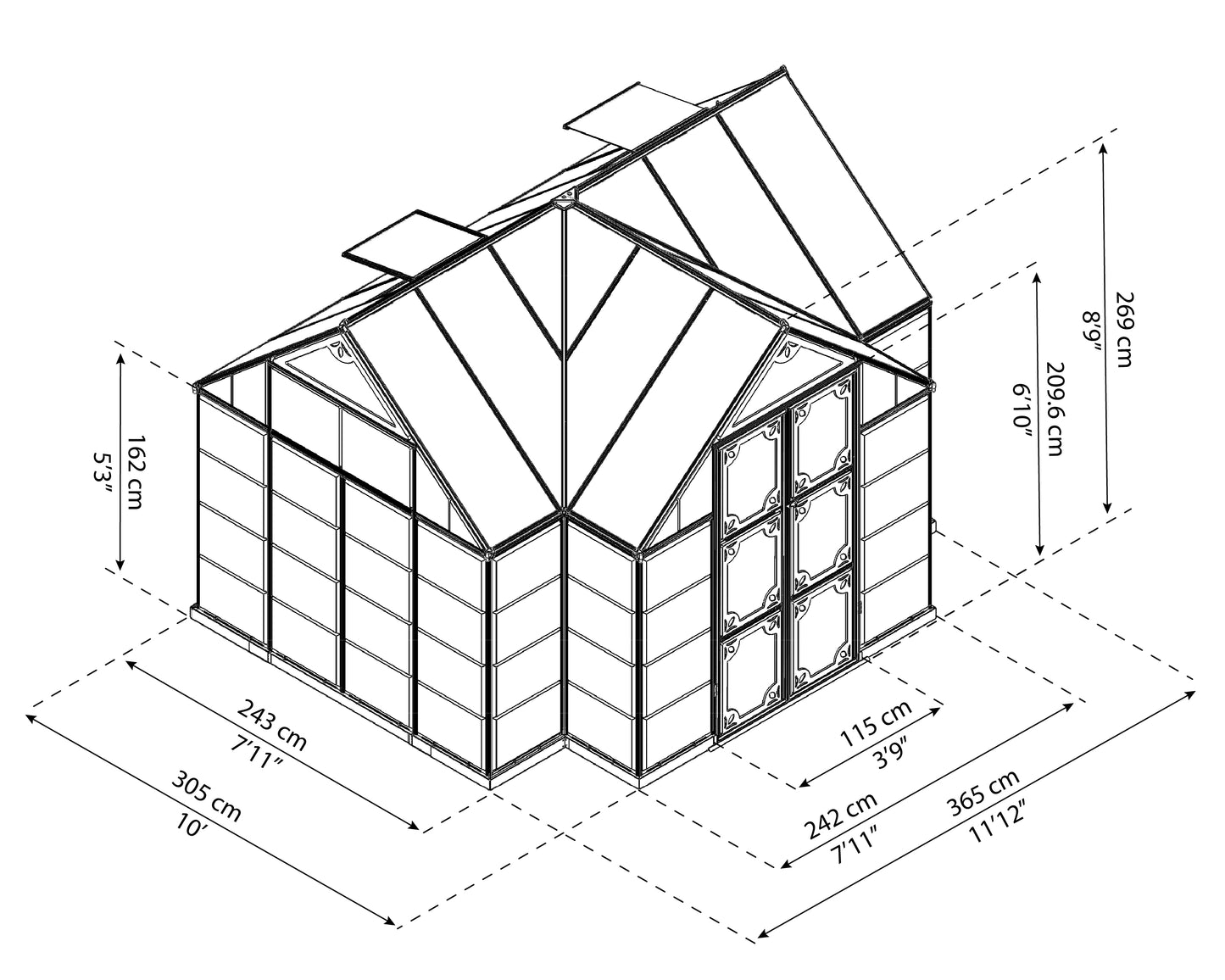 Measurements showing the dimensions of an orangery